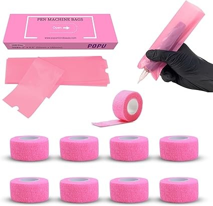 EZ Tattoo Machine Covers with Grip Tapes - 9PCS (1inch x 5 Yard) Pink Tattoo Grip Wrap with 200pcs (2.0 inch X 6.6 inch) Pink Tattoo Pen Machine Covers Tattoo Supplies