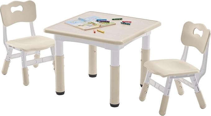 Kids Table and 2 Chairs Set, Height-Adjustable Toddler Table and Chairs Set with Graffiti Desktop, 23.6''L x 23.6''W Children Activity Table for Daycare, Classroom, Home