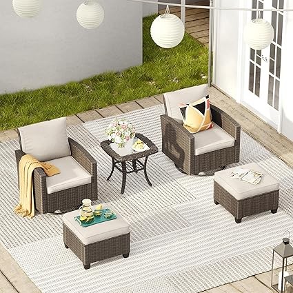 VICLLAX 5 Pieces Patio Conversation Set with 2 Swivel Rocker, 2 Ottomans and Side Table for Balcony Deck Yard, Beige Cushion