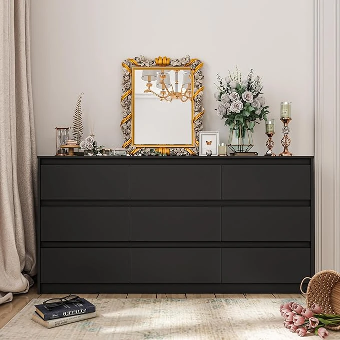 Homsee 9 Drawers Double Dresser, Modern Wood Dresser Chest of Drawers with Large Storage Space for Bedroom, Black (63”L x 15.7”W x 31.5”H)