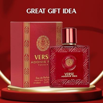 Verse Adonis Red for Men - 100ml Eau De Parfum Spray - Fruity Warm & Floral Fragrance Smell Fresh All Day Long Lasting Includes NovoGlow Carrying Pouch Gift for All Occasions