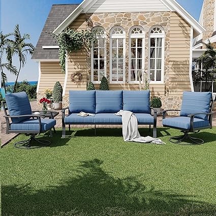 HOMREST Patio Furniture Sets 4 PCS Outdoor Metal Conversation Sets, 360 Degree Swivel Rocking Chairs Patio Conversation Set with Coffee Table and 3-Seat Sofa for Garden, Deck and Poolside