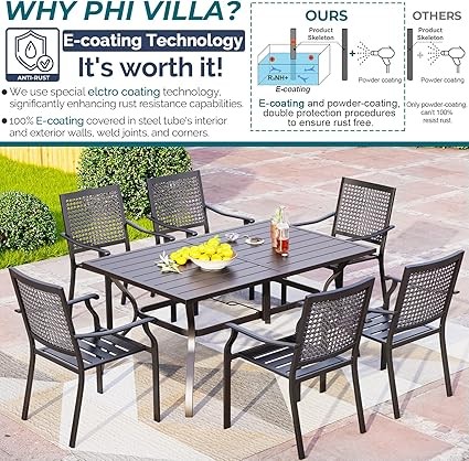 PHI VILLA Patio Dining Table Set for 6 Person Bistro Chairs Contemporary Dining Table Outdoor Dining Set of 7 Pieces Conversation Set Patio Furniture for Outdoor Garden,Yard