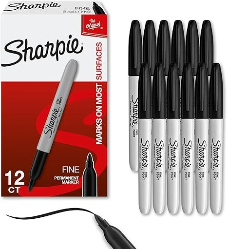 Sharpie Permanent Markers Set, Quick Drying And Fade Resistant Fine Point Marker For Wood, Plastic, Paper, Metal, And More, Drawing, Coloring, And Poster Marker , Black, 12 Count