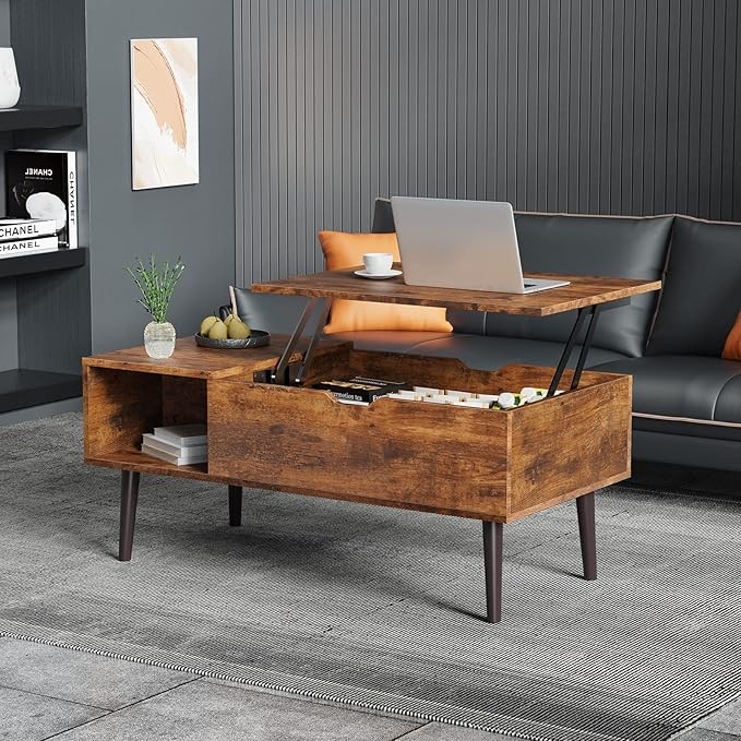 Sweetcrispy Coffee Table, Lift Top Coffee Tables for Living Room, Small Rising Wooden Dining Center Tables with Storage Shelf and Hidden Compartment, Brown