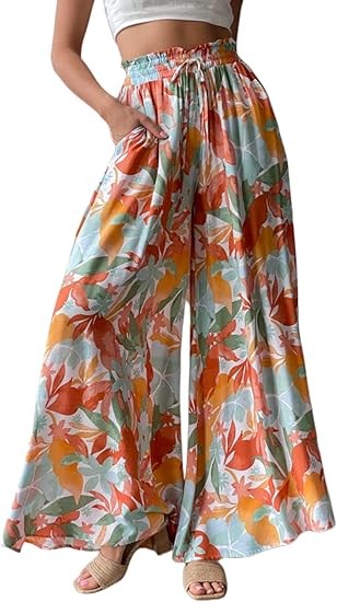 YOCUR Women Summer Beach Vacation Pants High Waisted Wide Leg Pants Printed Loose Flowy Casual Palazzo Lounge