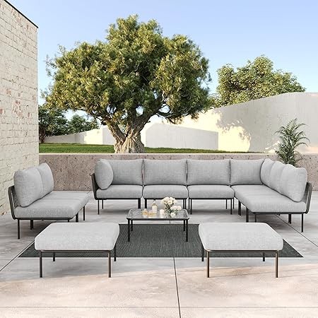 LayinSun 11 Pieces Rope Woven Patio Furniture Set, Modern Modular Sectional Sofa with Coffee Table and Upgrade Thickness Cushion