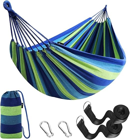 ANYOO Cotton Hammock Portable Camping Hammocks for Hanging Sturdy Garden Comfortable Fabric Hammock with Tree Straps Up to 660lbs with Travel Bag for Camping Outdoor/Indoor Patio Backyard
