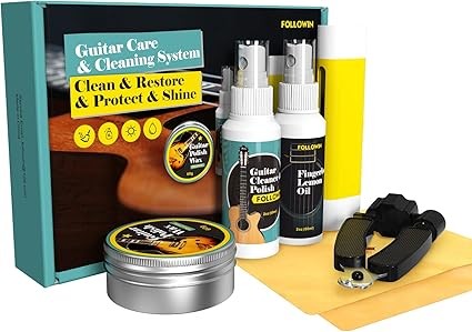 Guitar Cleaning Kit, FOLLOWIN Guitar Care System 7 Pack, Cleaner Polish, Fingerboard Lemon Oil, String Cleaner & Lubricant, Guitar Wax, Winder, Microfiber Cloth
