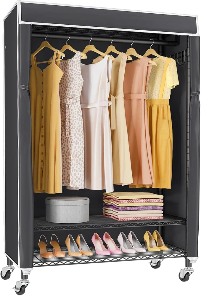 VIPEK R1C Rolling Clothes Rack with Cover Portable Closet for Hanging Clothes, Heavy Duty Garment Rack Freestanding Clothing Rack with Wheels& Hanging Rod, Black Closet Racks with Black Cover
